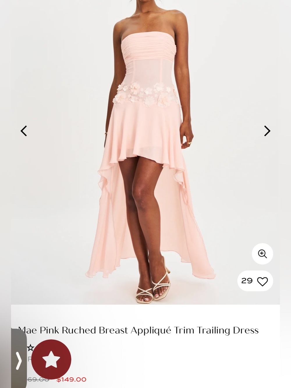 Strapless Pink Ruched Appliqué Trim High-Low Dress